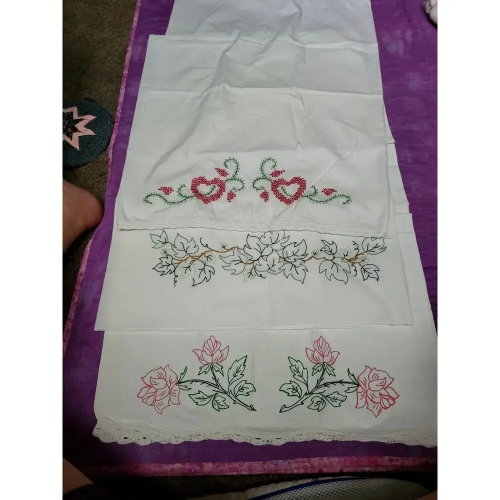 Vintage Hand Embroidered Hand Crocheted Pillow Cases Lot Of 3